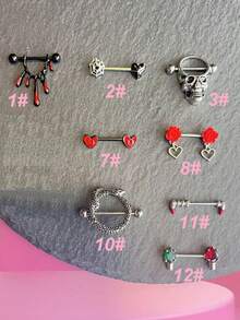1 Bộ (2 chiếc) Khuyên núm vú bằng thép titan thân thiện với da, không gây dị ứng, có các họa tiết đầu lâu, mạng nhện, thần Cupid, rắn, kẹo gậy Giáng sinh, hoa hồng đỏ hình trái tim, trái tim đính đá Zirconia, mặt cười, trang sức xỏ khuyên cơ thể - Vòng núm vú hình trái tim - Xem 3