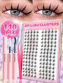 Eimny 140 piezas Kit de extensión de pestañas estilo dibujos animados, D-Curl 11mm Longitud mixta Pestañas postizas naturales y esponjosas, Set de alargamiento de pestañas DIY con pegamento, pinzas, cepillo, adecuado para DIY en casa, viaje, diario, boda, fiesta y principiantes, suministros para estilista de pestañas - Multicolor - Ver 2