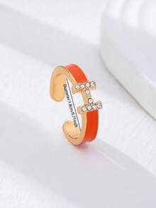 1 chiếc nhẫn men sứ hình chữ H tinh tế - Mạ vàng, đính đá pha lê, có thể điều chỉnh kích thước, trang sức tối giản cho mỗi ngày. - Chiếc nhẫn hình chữ H màu cam - Xem 2