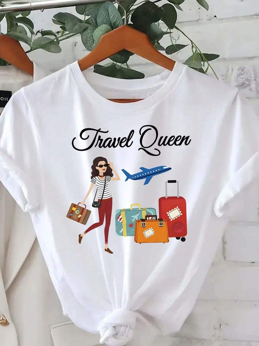 Travel Queen, Travel Print, Women's Casual Short Sleeve T-Shirt, Comfortable Fit, Matching Sets For Sisters, Outdoor Travel Essential, Women's T-Shirt, Spring/Summer T-Shirt. - 白色 - 查看 1