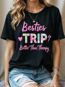 Women's Pink T-Shirt With "Besties Trip Better Than Relax" Print - Short Sleeve Blouse With Round Neck And Heart Print, Matching Sets For Best Friends, Ideal For Daily Wear, Holidays, Gifts, Spring And Summer Clothes, Hand Washable Casual T-Shirt. - 黑色 - 查看 1