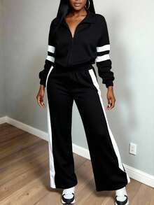 Ensemble deux pièces femme, tenue de sport décontractée, Sweat-shirt-shirt zippé à col montant manches longues et pantalon droit. Sweat-shirt-shirt décontracté en patchwork color block. Tenue de tous les jours, printemps automne, retour à l'école. Top manches longues coupe ample, style automne Ins avec poches. Noir élégant - Noir - Voir 4