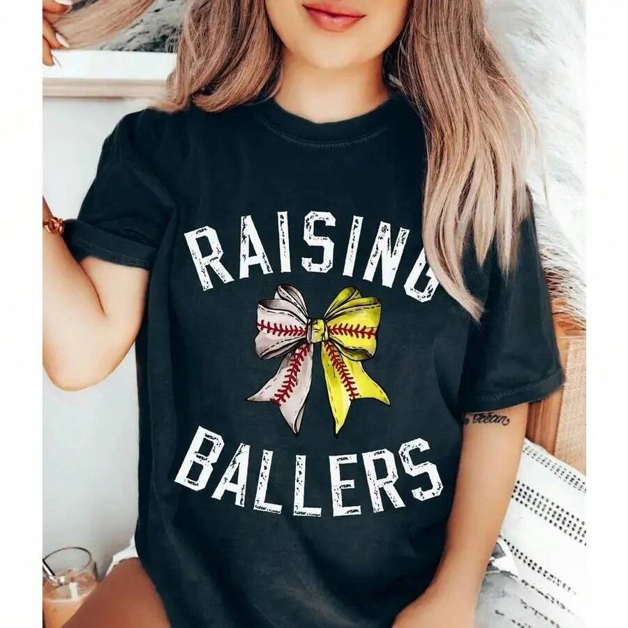 Camiseta de Verano Premium Estampada para Mujer, Camiseta de Béisbol y Sóftbol para Mamá, Camiseta para Madres de Jugadores de Béisbol, Camiseta para la Temporada de Béisbol, Camiseta para Mamá de Sóftbol, Camiseta para el Día del Partido, Regalo Especial de Cumpleaños para Amantes del Béisbol. Algodón Puro Transpirable, Adecuada para Uso Diario y Deportes al Aire Libre. Diseño Versátil. - Negro - Ver 1