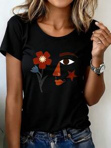 -shirt estampada para mujer con diseño abstracto de cara y flor roja - camiseta casual negra de manga corta y cuello redondo, corte relajado para todas las estaciones, perfecta para el uso diario y atuendos de vacaciones (lavable aáquina). - Negro - Ver 6