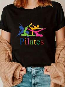 Women's T-Shirt With Letter Print "Moves Colorful Vitality Lover", Short Sleeve And Round Neck, Casual Top For Summer And Spring, Women's Clothing, Casual Printed T-Shirt, Short Sleeve And Round Neck, Local Urban Fashion For Spring/Summer. - 黑色 - 查看 6