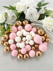 50pcs Cake Metal Decorative Ball, Green Goldn Sphere Cake Decorations, Boho Style Cake Decor, Green Goldn, Platinum, Pearl Balls, Happy Birthday Cake Topper, Wedding, Christening, BabyShower, Birthday Party Cake Decor, Boho Theme Party Supplies - Pink and White Gold Cake Decorations - View 1