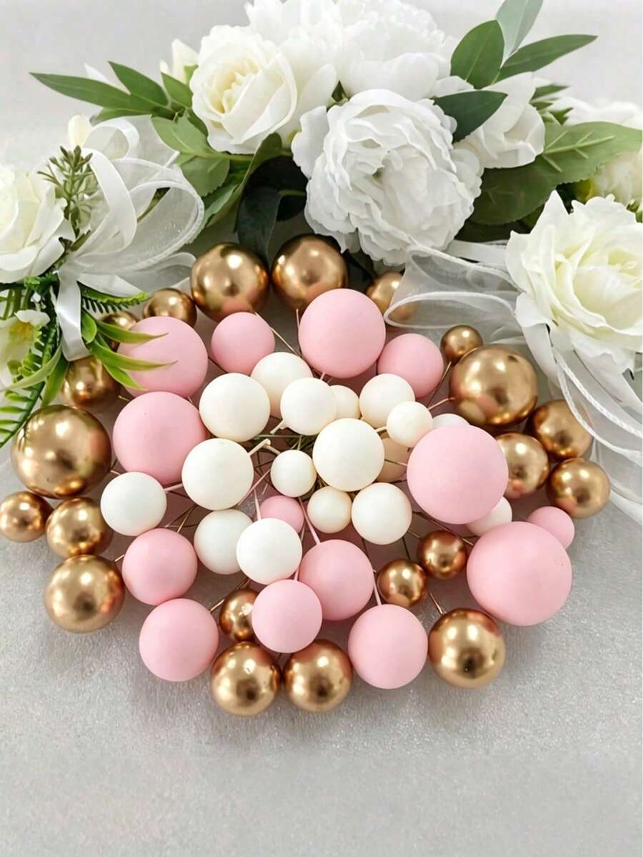 50pcs Cake Metal Decorative Ball, Green Goldn Sphere Cake Decorations, Boho Style Cake Decor, Green Goldn, Platinum, Pearl Balls, Happy Birthday Cake Topper, Wedding, Christening, BabyShower, Birthday Party Cake Decor, Boho Theme Party Supplies - Pink and White Gold Cake Decorations - View 1