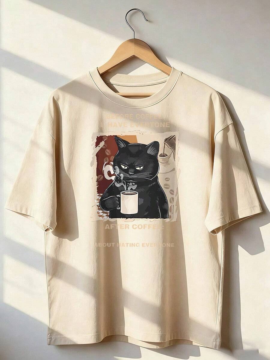 Black Cat T-Shirt With "Before Coffee / After Coffee" Text, Fashionable Short-Sleeve T-Shirt For Spring/Summer 2026, Made In Mexico, 180 Grams. Cartoon Print, Couple Design, Suitable For Indoor Or Outdoor Wear. Crew Neck, Unisex, Ideal For The Office And Leisure. One-Pack. - APR-P631577SLNDXZGY625 - 查看 1