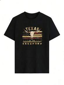 Western And Vintage Style Short Sleeve T-Shirt, Fashionable Short Sleeve T-Shirt For Spring And Summer 2026, Made In Mexico, 180 Grams. Cartoon Print, Couple Design, Suitable For Indoor Or Outdoor Wear. Crew Neck, Unisex, Ideal For Office And Leisure. One-Piece Pack. - BK-P631577SLNDXZGY600 - 查看 2