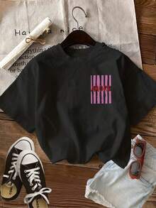 | Exquisite Design | Loose And Comfortable | Easy To Match | [Double-Sided Print] Women's Summer Casual T-Shirt, Minimalist Style, Striped, With The Word AMORE Print, Round Neck, Pure Cotton, Short Sleeve [Ling K] - 黑色 - 查看 2