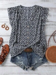 Clasi Blusa de mujer de verano con cuello en V y mangas cortas con estampado floral - azul real - Ver 1