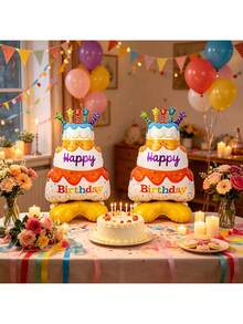 Set de 2 bases de pastel de diferentes tamaños con globos de aluminio, base pequeña con diseño de pastel de cumpleaños colorido, adecuado para decoración de fiestas de cumpleaños, aniversarios, Día de los Caídos, Año Nuevo y reuniones, globo decorativo con tema de cumpleaños - Pastel base - Ver 8