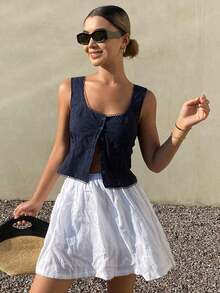 Cárdigan corto sin mangas casual de mujer, estilo bohemio, con textura de rayas, adecuado para la playa, la calle, primavera/verano - Azul marino - Ver 5