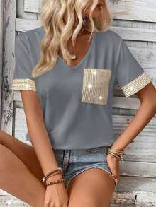 LUNE Camiseta de mujer casual de manga corta con cuello en V, parches y lentejuelas - Gris Oscuro - Ver 6