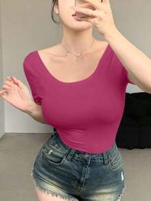 Camiseta ajustada de mujer de manga corta y escote redondo sin espalda de unicolor, top halter de verano - Rosa Fucsia - Ver 3