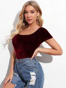 Camiseta de manga corta de ajuste slim de color liso informal - Burdeos - Ver 3