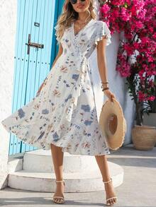 Holidaya Vestido midi con estampado floral y estilo envolvente para mujer - Blanco - Ver 4