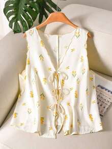 Camisa/chaleco sin mangas de talla grande con estampado casual, textura, calado, bordado y detalle de lazo - Amarillo claro - Ver 7