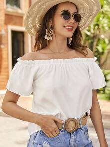 Blusa de hombros descubiertos ribete fruncido - Blanco - Ver 6