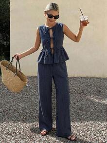 Conjunto de 2 piezas de top de tirantes finos a rayas y pantalones casuales de verano para mujer, conjunto de prendas de estar en casa - Azul marino 6 - Ver 2