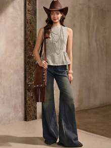 in mangas estilo BOHO vintage casual de estilo campestre americano, uso básico diario para otoño/invierno - Albaricoque - Ver 4