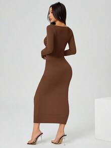 Vestido largo de manga larga con cuello cuadrado color negro sólido ajustado, vestido elegante de manga larga para mujer con cuello cuadrado, ajuste ceñido, manga recta, liso, para uso diario casual en primavera/otoño - Marrón - Ver 2