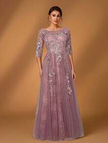 Vestido elegante y romántico con cuello redondo, mangas 3/4, contraste de encaje y malla, bajo en línea A, bordado lujoso, adecuado para fiesta de noche, cita, baile, fiesta de solteros, festival de música, boda, vestido de madre de la novia, primav - Rosa vieja - Ver 6