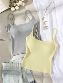 Camiseta de tirantes acanalada de unicolor minimalista para mujer de talla grande - Negro 2 - Ver 8