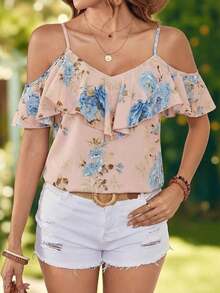 Blusa de mujer de gasa con hombros descubiertos, bajo con volantes y estampado, para primavera/verano y vacaciones - Azul - Ver 4