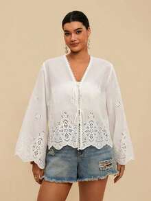 Camisa casual versátil de uso diario con estampado floral y nudo delantero para mujer de talla grande - Blanco - Ver 3