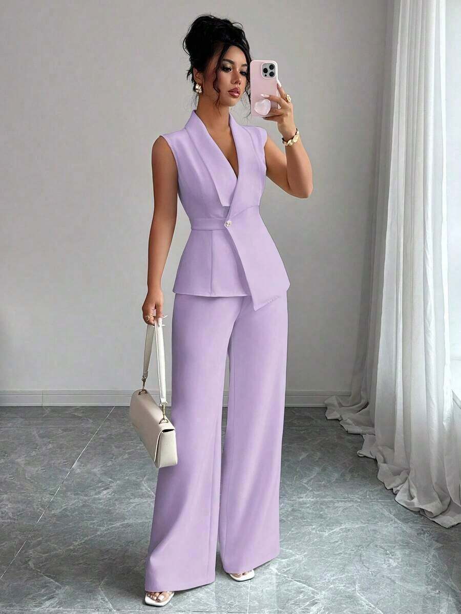 Conjunto de oficina elegante para mujer, compuesto por una chaqueta blazer sin mangas con cuello y bajo asimétrico, con hebilla metálica en la cintura, combinada con pantalones de cintura elástica.Conjunto de 2 piezas elegante para primavera/verano, atuendo formal y de clase para mujer. - Púrpura malva - Ver 1