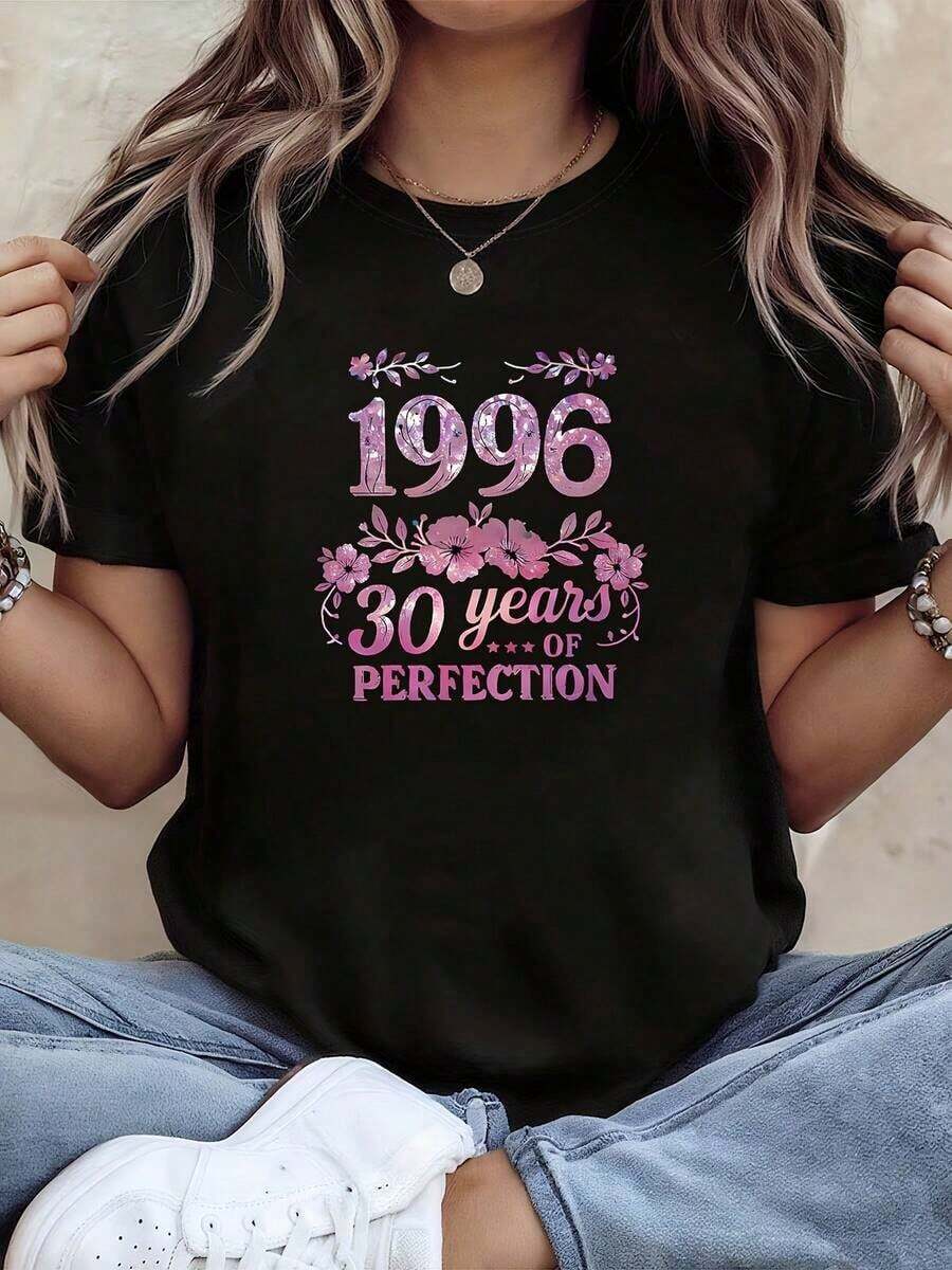 Women's T-Shirt For The 30th Anniversary Of 1996 - 30 Years Of Perfection, Commemorative Crew Neck Short Sleeve T-Shirt, Suitable For Birthday Parties, Casual Wear And Everyday Outfits, Machine Washable, Gift For Themed Events - 黑色 - 查看 1
