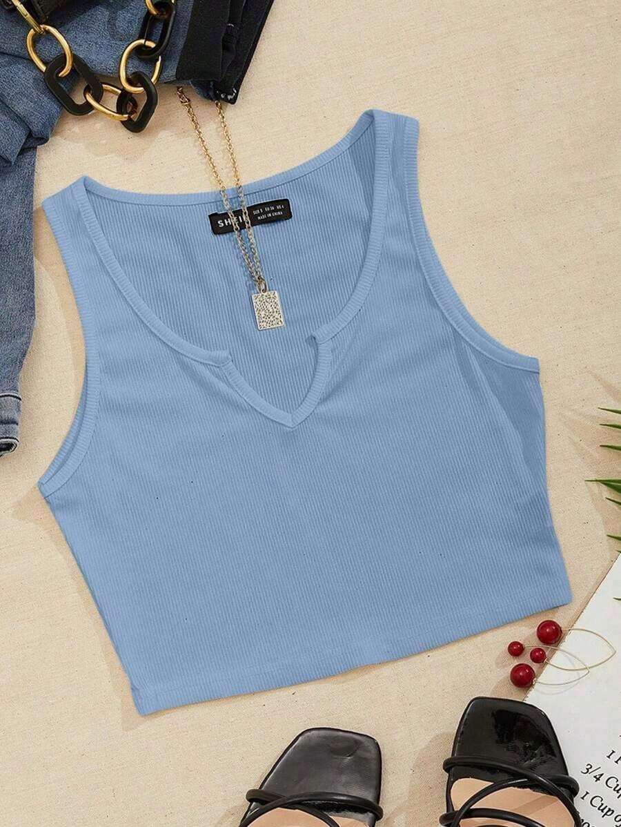 Top corto de punto acanalado de unicolor minimalista para uso casual y de oficina para mujer - Celeste - Ver 1