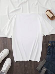 Fashionable Short-Sleeved Plus-Size T-Shirt With Round Neck And Letter And Flower Print. - 白色 - 查看 2