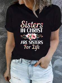 Sisters In Christ, "Sisters In Christ" Print T-Shirt, Women's Casual Short Sleeve T-Shirt, Comfortable And Fitted, Sister Sets, Essential For Outdoor Travel, Women's T-Shirt, Spring And Summer T-Shirt. - 黑色 - 查看 6