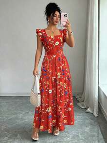 Vestido de mujer con cuello cuadrado, cintura ceñida y mangas acampanadas con estampado multicolor. Elegante y sofisticado, adecuado para el Día de San Valentín, Pascua, Día del Trabajo, cumpleaños, citas, fiestas, ocasiones formales, atuendo de maestra, looks de alta vibra, viajes y vacaciones, ropa de calle, primavera y verano - Blanco - Ver 3
