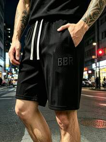 Pantalones cortos casuales para hombre, cintura elástica con cordón, patrón de letras BBR en relieve, tela con relieve, adecuados para estilo de calle de verano y deportes - Negro - Ver 8