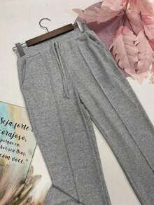 High-Waisted Wide-Leg Pants With Crease, Plain Wool, For Winter. - 淺灰色 - 查看 4