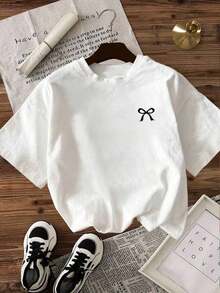 Camiseta Casual Color Mantequilla para Mujer, 100% Algodón, Cuello Redondo, Manga Corta, Corte Holgado, Absorbente de Sudor y Transpirable, Para Todas las Temporadas - Blanco - Ver 1