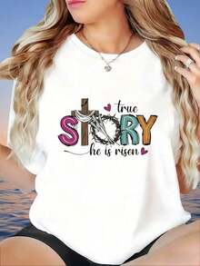 Camiseta de Pascua Cristiana para Mujer "Historia Real Él Ha Resucitado" con Diseño de Cruz y Corona de Espinas, Blanca - Blanco - Ver 1