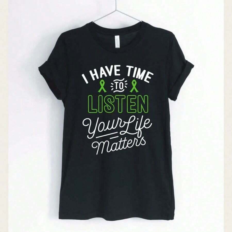 1 Piece  T-Shirt For Mental Health Awareness, Oversized Green T-Shirt With Boho Floral Design, Floral Graphic T-Shirt, Invisible Illness, Gift For Therapists, 180g 100% Cotton, Designs Are Printed. Unisex. - 黑色 2 - 查看 1
