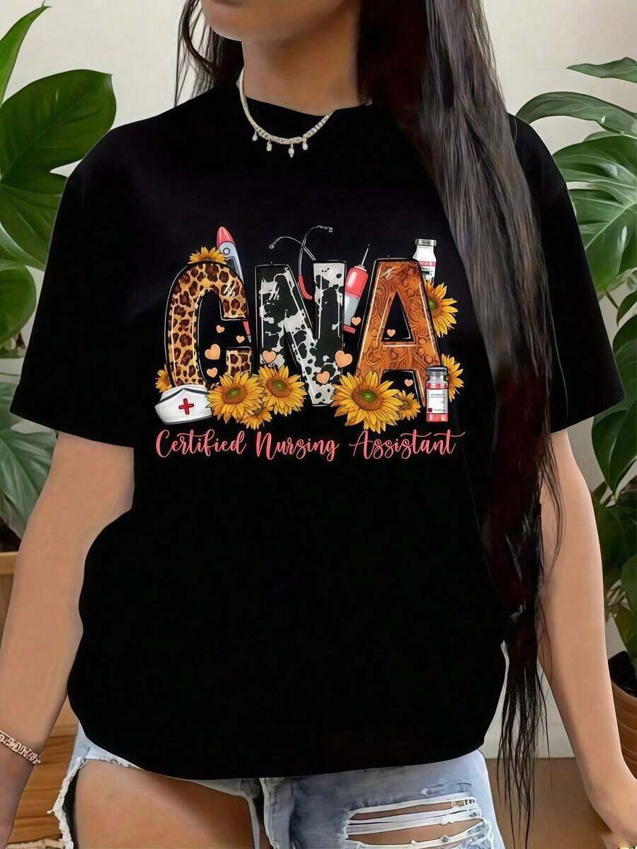 Camiseta Casual de Regalo para Enfermeras, Médicos Profesionales y Trabajadores de la Salud, CNA (Asistente de Enfermería Certificado), Camiseta Casual de Manga Corta con Cuello Redondo y Estampado, Son Excelentes Regalos para Amigos y Familiares, Camisetas 100% Algodón, Diseño Juvenil y Moderno. - Negro - Ver 1