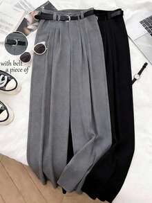 Pantalones anchos casuales y sueltos para mujer con bolsillos, decoración de cinturón en la cintura, diseñados para mujeres, adecuados para negocios, oficina, uniforme de maestro, uso casual versátil de moda, pantalones anchos para ir y venir, aptos para primavera, verano y otoño - Gris - Ver 4