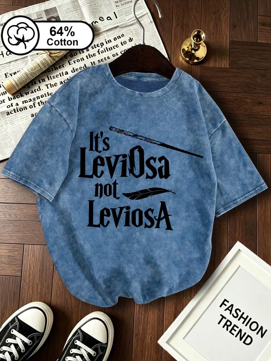 Plus-Size Women's T-Shirt Vintage Washed Crew Neck With Feather And Letter Print Casual Everyday Wear Summer Graphic Tee Women's Casual Top - Blue - View 1