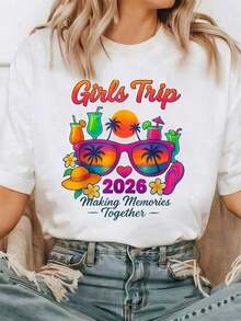 Regalo: 1 camiseta blanca con estampado tropical de playa para mujer, cuello redondo, camiseta casual de algodón, tejido de punto de elasticidad media, corte regular para damas, para primavera/verano/otoño, suave. - Blanco - Ver 6