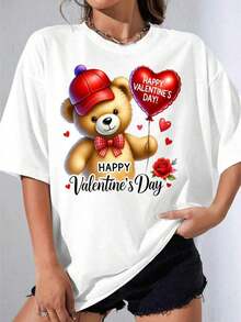 Camiseta de Niña en Blanco y Negro con Estampado de Oso de San Valentín, Oso de Peluche Blanco con Sombrero Rojo y Corbata de Moño Sosteniendo un Globo en Forma de Corazón, Estampado Feliz Día de San Valentín para el Día de San Valentín, Fiesta al Aire Libre, Camiseta Casual Estampada - Estilo Vintage Urbano Unisex, Camiseta de Manga Corta de Algodón Holgada con Cuello Redondo, blusas para mujer. blusas.blusas casuales para dama.Impresión de osos cariñosos.Camiseta estampada Impresión de osos cariñosos. - Blanco - Ver 2