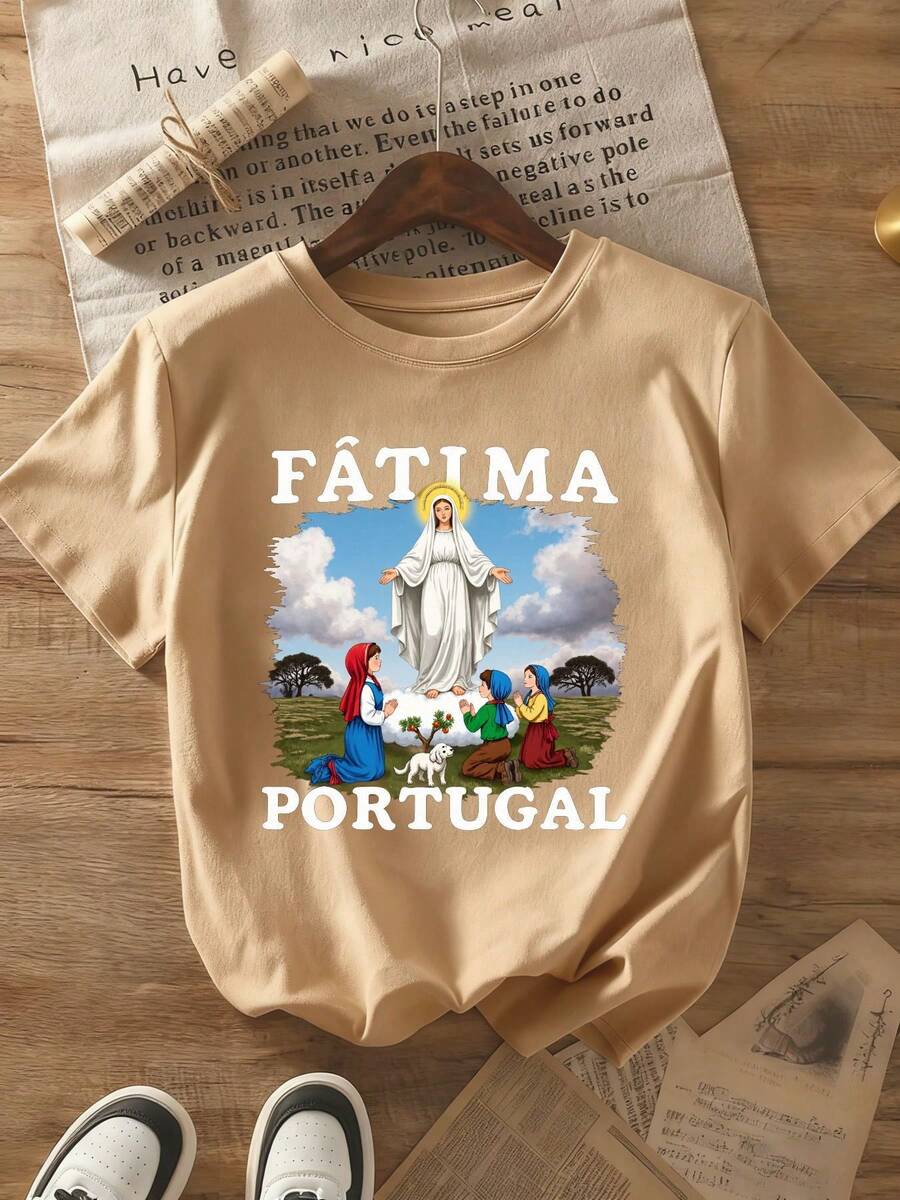 Premium Summer T-Shirt For Women With A Print Of Our Lady Of Fatima, 100% Pure Cotton, 220 Grams, Unisex Casual Style, Suitable For Daily Wear And As A Gift, Comfortable Fabric - A Perfect Choice For Lovers Of Religious Art And Portuguese Culture, Soft And Breathable Short-Sleeved T-Shirt For Summer. - 杏色 - 查看 1