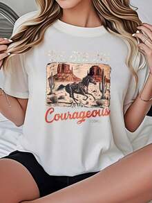 Camiseta de mujer de corte holgado, manga corta, opciones de color y blanco, escena de caballo en el desierto, camiseta gráfica con estampado Be Strong And Courageous Joshua 19, atuendo casual de verano para mujeres, camisetas de verano, camisetas gráficas, atuendos de verano para mujeres, camisetas gráficas, tops cortos para mujeres, tops para mujeres, algodón vintage, ropa linda para mujeres, atuendo de Navidad para mujeres, vestidos elegantes para mujeres, playera deportiva para mujeres, ropa deportiva, camisetas de gimnasio, blusas de Navidad para mujeresSuitable for spring, summer and autumn - Blanco - Ver 7