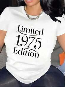Camiseta Vintage Edición Limitada 1975 - Camiseta de Cuello Redondo con Estampado Retro 1975, Corte Casual en Blanco y Negro, Camiseta de Poliéster Resistente para Vestimenta Casual, Lavable a Máquina para Todas las Temporadas.blusas para mujer>ropa - Blanco - Ver 1