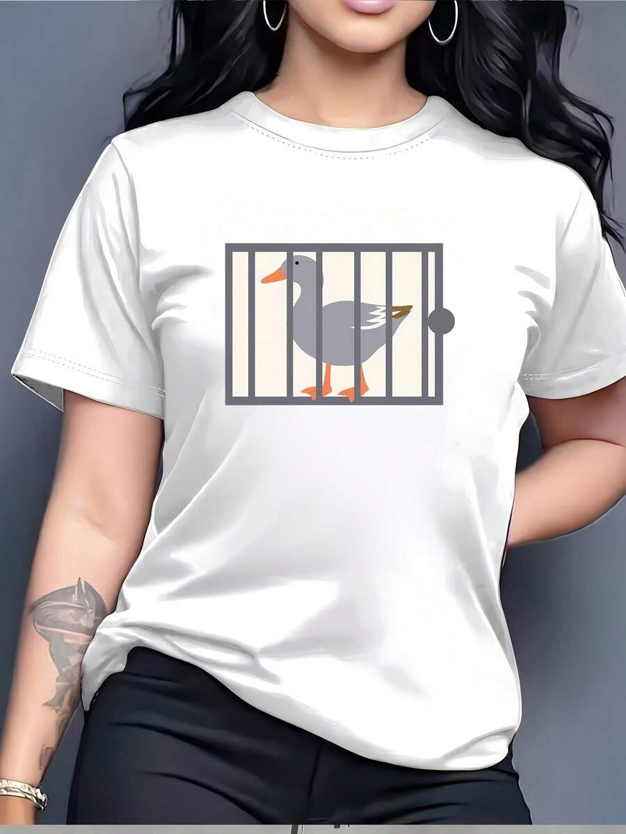 Camiseta con estampado "Pato Divertido en una Jaula", cuello redondo casual para mujer, regalo familiar perfecto, atuendo moderno para fiestas navideñas. Top cómodo y versátil de manga corta. - Blanco - Ver 1